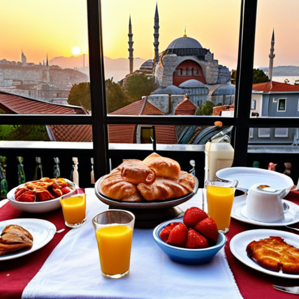 Istanbul - Historical Charm with a View**
Prompt: A charming boutique hotel terrace in Sultanahmet, Istanbul, at sunrise. A delicious Turkish breakfast spread is laid out on a table, with the Hagia Sophia and Blue Mosque prominently visible in the background, bathed in soft morning light. The scene emphasizes the historic atmosphere and a tranquil beginning to the day.

**