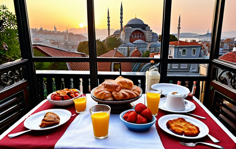 Istanbul - Historical Charm with a View**
Prompt: A charming boutique hotel terrace in Sultanahmet, Istanbul, at sunrise. A delicious Turkish breakfast spread is laid out on a table, with the Hagia Sophia and Blue Mosque prominently visible in the background, bathed in soft morning light. The scene emphasizes the historic atmosphere and a tranquil beginning to the day.

**
