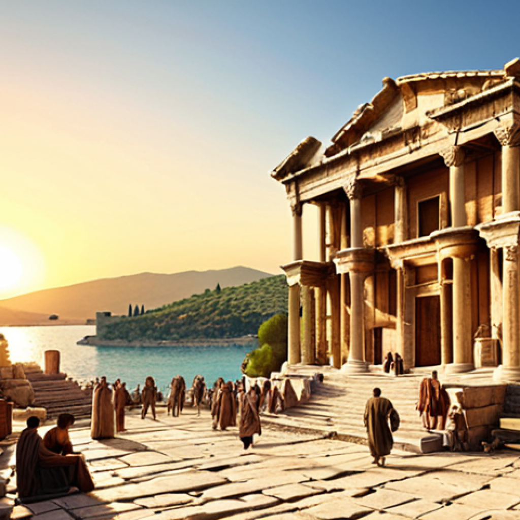 **

*   **Prompt:** A bustling ancient port scene in Ephesus, Turkey. Ships are docked, merchants are trading exotic goods. Capture the grandeur of the Library of Celsus in the background. Golden hour lighting.

**