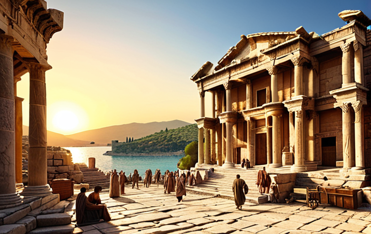 **

*   **Prompt:** A bustling ancient port scene in Ephesus, Turkey. Ships are docked, merchants are trading exotic goods. Capture the grandeur of the Library of Celsus in the background. Golden hour lighting.

**
