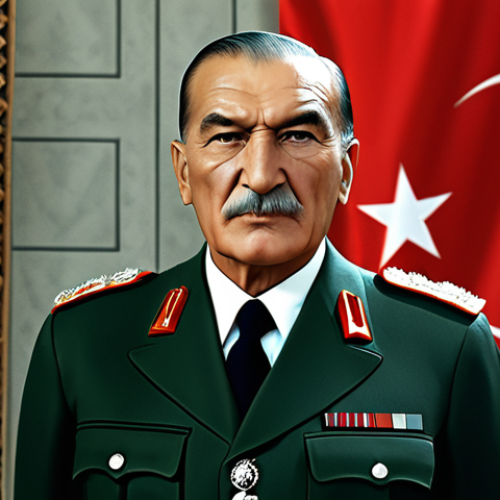 **

"Mustafa Kemal Atatürk, fully clothed in a tailored military uniform, standing confidently against a backdrop of the Turkish flag waving proudly, safe for work, appropriate content, perfect anatomy, correct proportions, professional, modest, family-friendly, high quality, natural lighting, historical setting, determined expression."

**