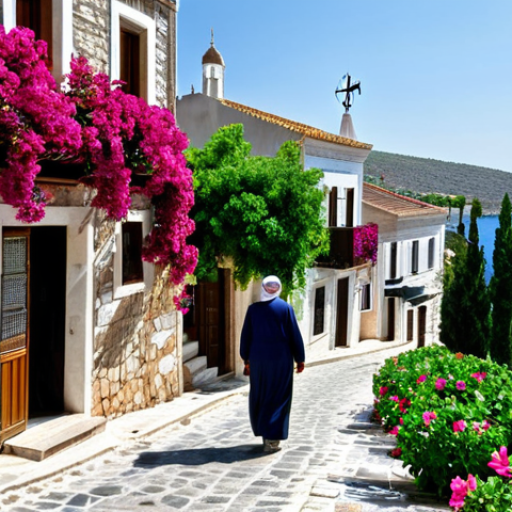 Alaçatı Village Scene**

"A picturesque street scene in Alaçatı, Turkey. Stone houses with colorful shutters line a cobblestone street, bougainvillea cascading down the walls. A local artisan is displaying their crafts in front of their shop. In the background, a windmill stands on a hill overlooking the Aegean Sea. Fully clothed people stroll along the street. Safe for work, appropriate content, professional, perfect anatomy, natural proportions, modest clothing, high quality."

**