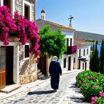 Alaçatı Village Scene**

"A picturesque street scene in Alaçatı, Turkey. Stone houses with colorful shutters line a cobblestone street, bougainvillea cascading down the walls. A local artisan is displaying their crafts in front of their shop. In the background, a windmill stands on a hill overlooking the Aegean Sea. Fully clothed people stroll along the street. Safe for work, appropriate content, professional, perfect anatomy, natural proportions, modest clothing, high quality."

**