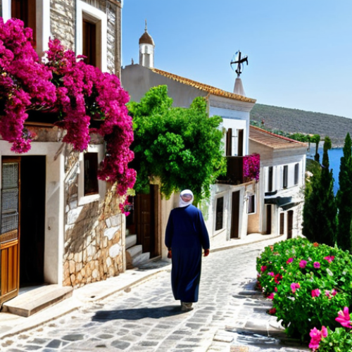 Alaçatı Village Scene**

"A picturesque street scene in Alaçatı, Turkey. Stone houses with colorful shutters line a cobblestone street, bougainvillea cascading down the walls. A local artisan is displaying their crafts in front of their shop. In the background, a windmill stands on a hill overlooking the Aegean Sea. Fully clothed people stroll along the street. Safe for work, appropriate content, professional, perfect anatomy, natural proportions, modest clothing, high quality."

**