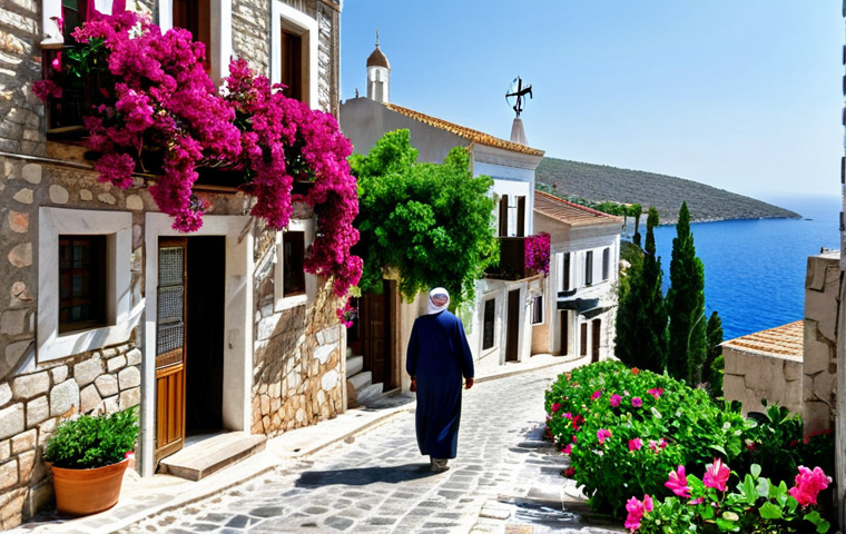 Alaçatı Village Scene**
"A picturesque street scene in Alaçatı, Turkey. Stone houses with colorful shutters line a cobblestone street, bougainvillea cascading down the walls. A local artisan is displaying their crafts in front of their shop. In the background, a windmill stands on a hill overlooking the Aegean Sea. Fully clothed people stroll along the street. Safe for work, appropriate content, professional, perfect anatomy, natural proportions, modest clothing, high quality."
**
