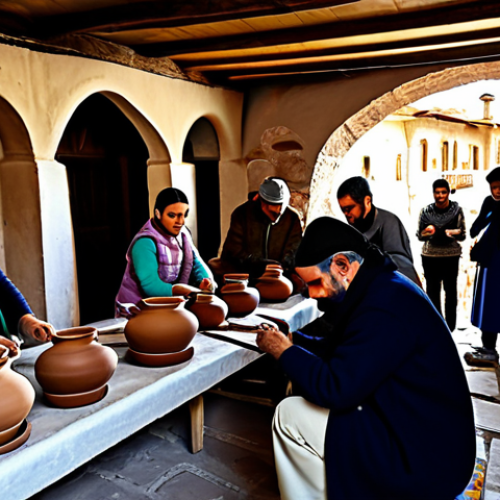 Cappadocia Community Tourism**

"A group of fully clothed tourists participates in a traditional pottery-making workshop in a small Cappadocia village, learning from local artisans, appropriate attire, safe for work, family-friendly, perfect anatomy, natural proportions, professional photography, warm lighting, modest clothing, authentic cultural experience."

**