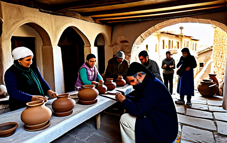 Cappadocia Community Tourism**
"A group of fully clothed tourists participates in a traditional pottery-making workshop in a small Cappadocia village, learning from local artisans, appropriate attire, safe for work, family-friendly, perfect anatomy, natural proportions, professional photography, warm lighting, modest clothing, authentic cultural experience."
**