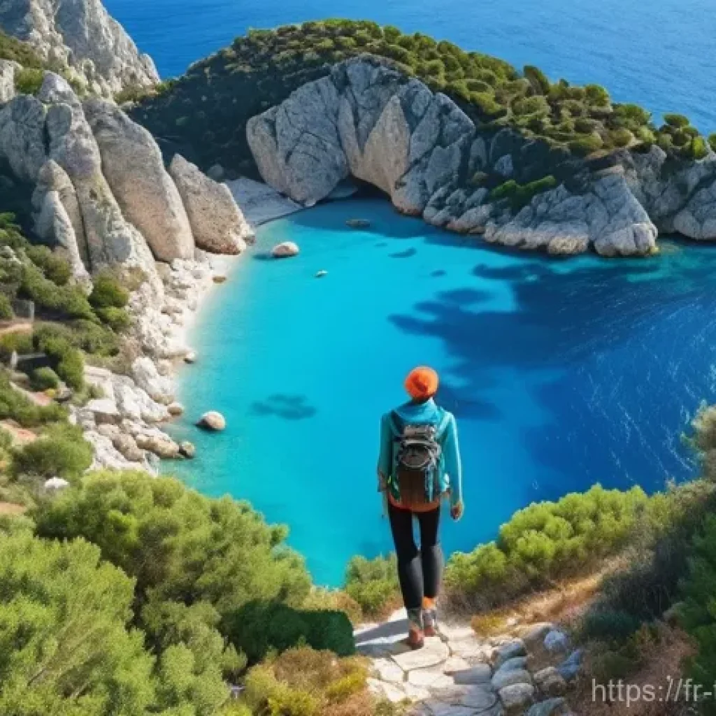 튀르키예의 주요 하이킹 트레일 - **"A scenic view along the Lycian Way in Turkey. A female hiker, dressed in comfortable, full-covera...