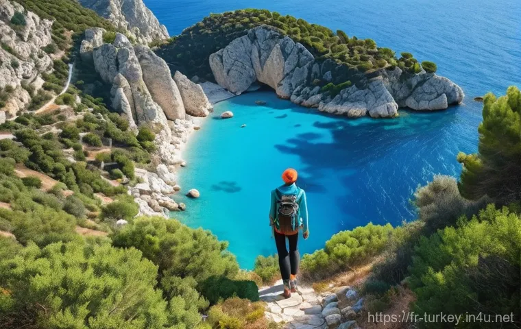 튀르키예의 주요 하이킹 트레일 - **"A scenic view along the Lycian Way in Turkey. A female hiker, dressed in comfortable, full-covera...
