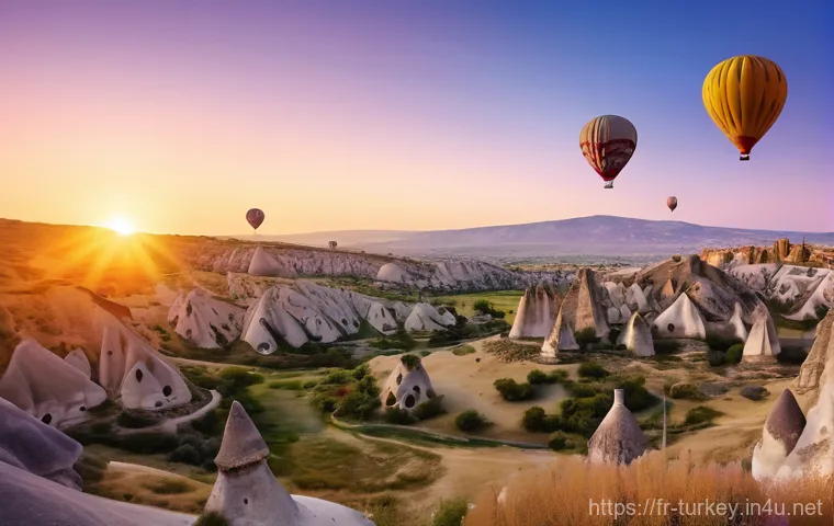 튀르키예의 주요 자연 관련 명소 - **Cappadocia Sunrise Serenity:** A wide shot of a serene Cappadocia landscape at dawn. The sky is ab...