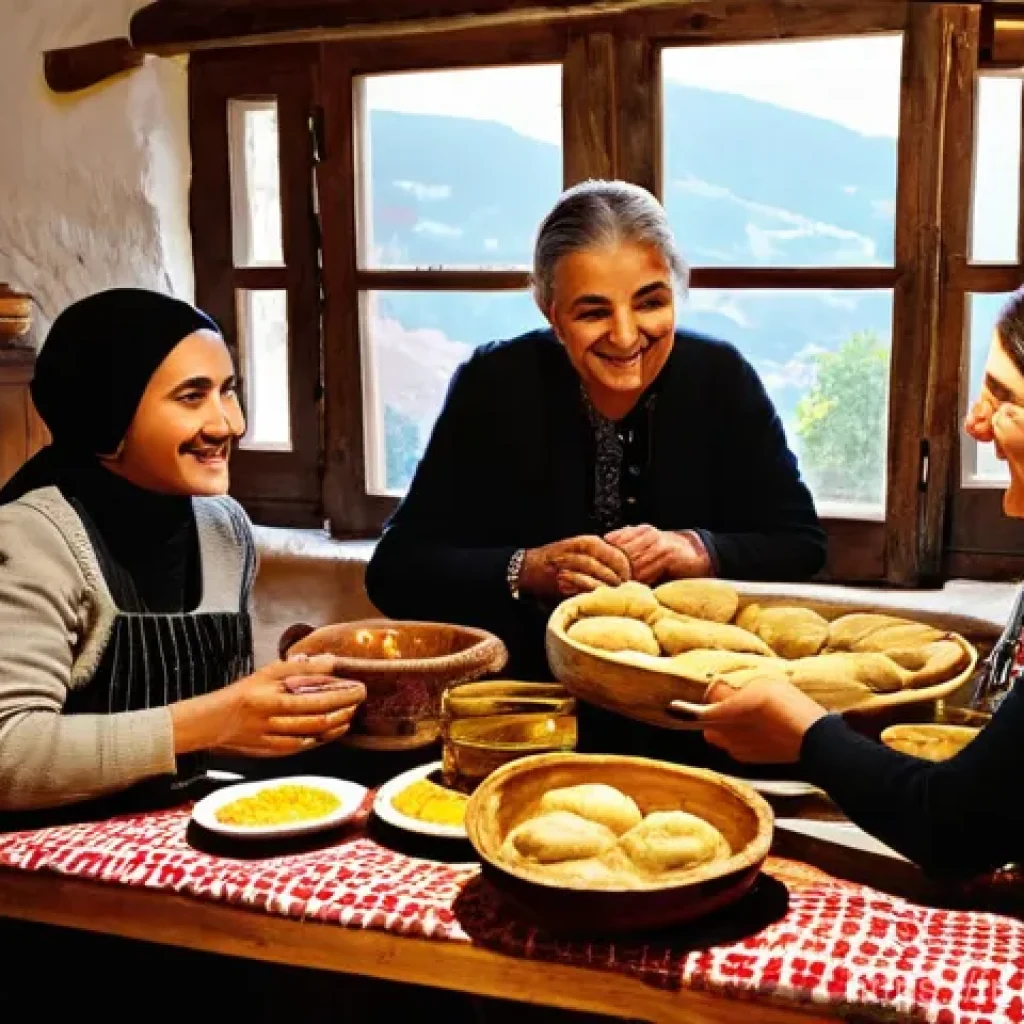 튀르키예에서의 현대적 여행 스타일 - **A heartwarming, vibrant scene inside a traditional Turkish 'lokanta' or family inn.** A friendly, ...