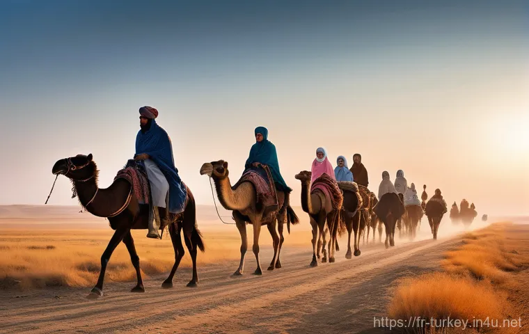 튀르키예 유목민 생활 방식 - **Prompt 1: "A panoramic shot of a Turkish nomadic family on horseback and leading camels across a v...