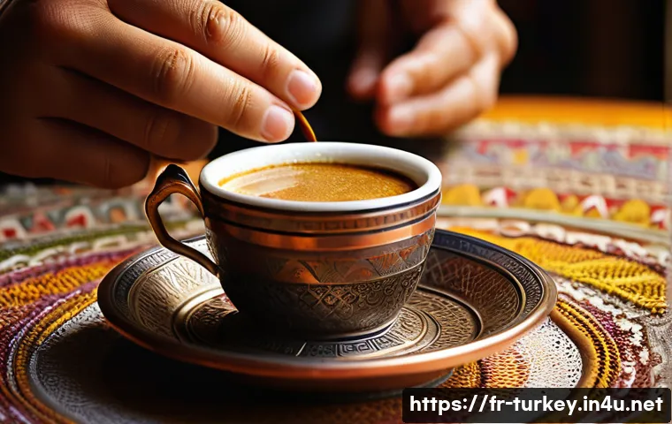 튀르키예 커피 문화와 카페 추천 - **Prompt:** A close-up, high-definition shot capturing a steaming cup of traditional Turkish coffee,...
