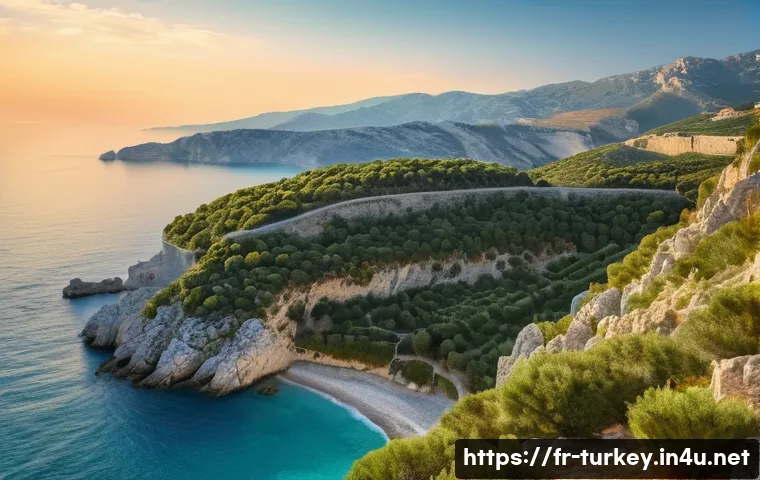 튀르키예 주요 하이킹 장소 - **A Breathtaking Coastal Vista Blending History and Nature:**
    An idyllic scene along the Mediter...