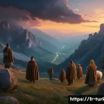 튀르키예 유명 동화와 전설 - A mystical Anatolian mountain scene at twilight, featuring ethereal guardian spirits shimmering soft...