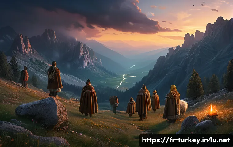 튀르키예 유명 동화와 전설 - A mystical Anatolian mountain scene at twilight, featuring ethereal guardian spirits shimmering soft...