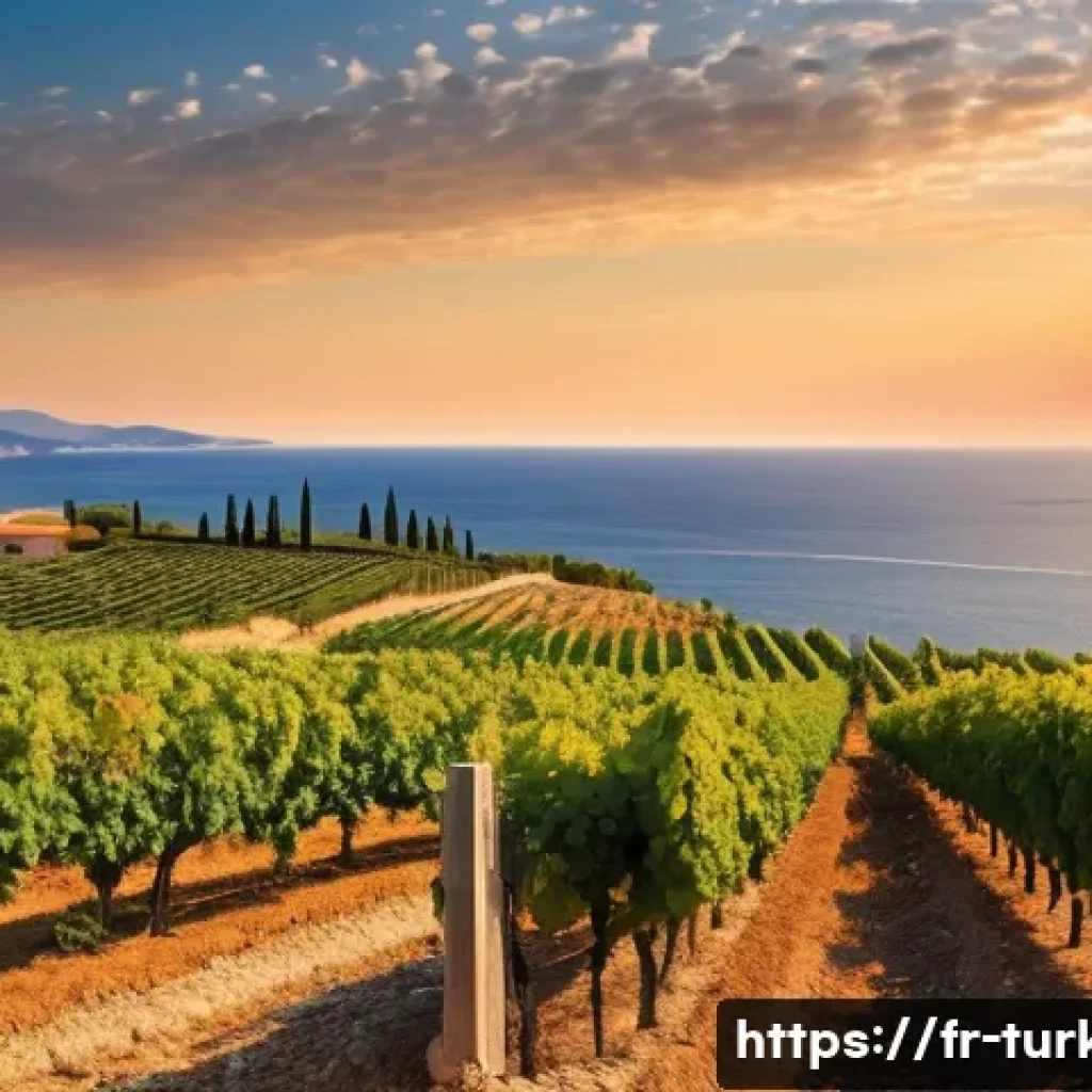 튀르키예 와인 생산 지역과 시음 - A panoramic view of the Turkish Mediterranean coastline vineyard at sunset, showcasing rows of grape...