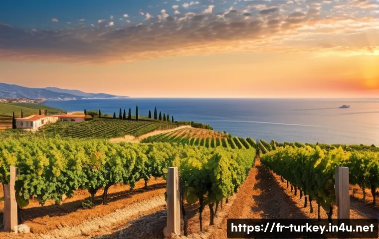 튀르키예 와인 생산 지역과 시음 - A panoramic view of the Turkish Mediterranean coastline vineyard at sunset, showcasing rows of grape...