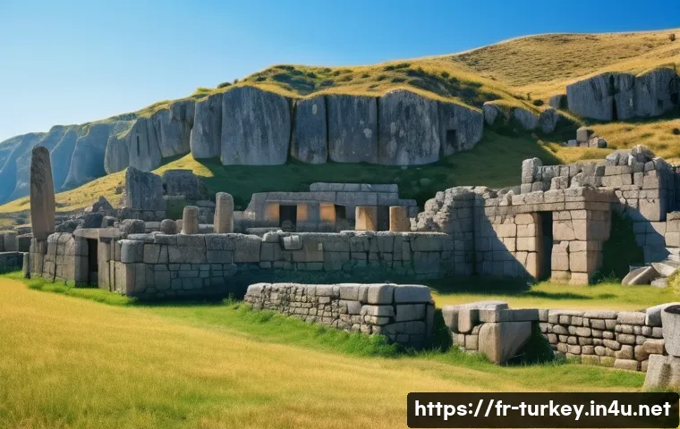 튀르키예 아나톨리아 지역 탐험 - A panoramic view of the ancient Hattusa ruins near Boğazkale, featuring towering stone walls and mys...