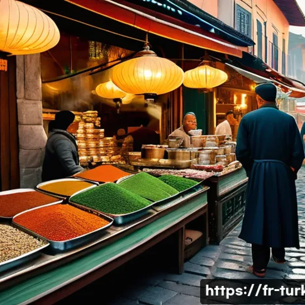 튀르키예 주요 해양 도시 여행 - A vibrant Turkish coastal market scene at sunset, bustling with local vendors and visitors exchangin...