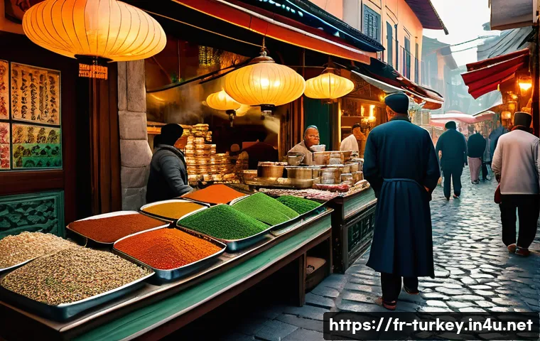 튀르키예 주요 해양 도시 여행 - A vibrant Turkish coastal market scene at sunset, bustling with local vendors and visitors exchangin...
