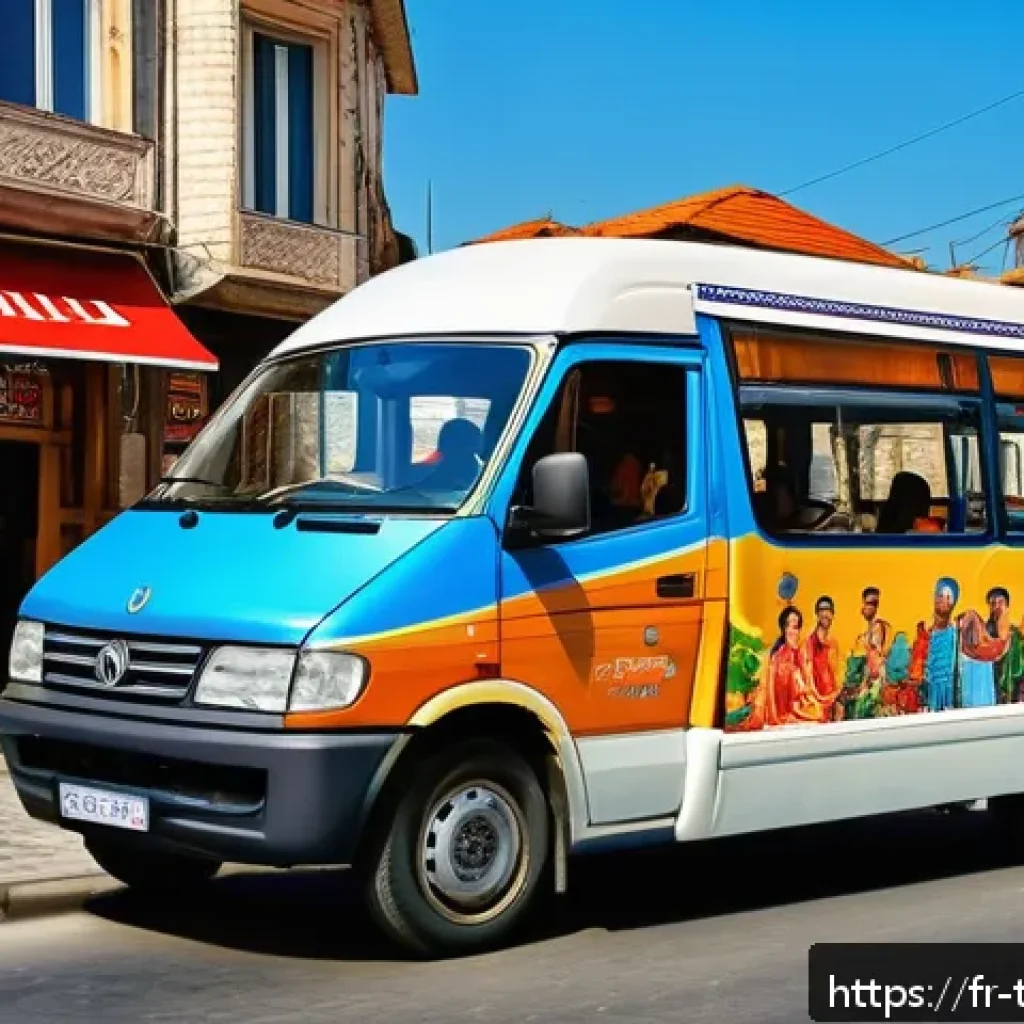 튀르키예의 특이한 교통수단 - A lively Turkish dolmuş minibus packed with diverse passengers, vibrant interior filled with traditi...