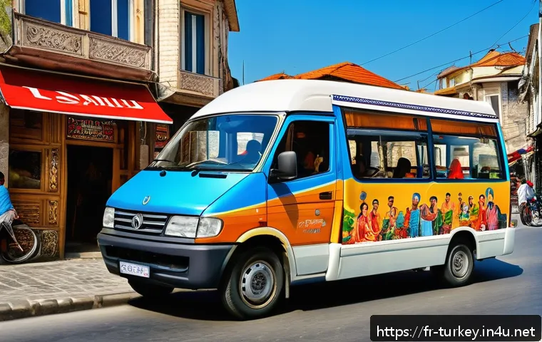 튀르키예의 특이한 교통수단 - A lively Turkish dolmuş minibus packed with diverse passengers, vibrant interior filled with traditi...