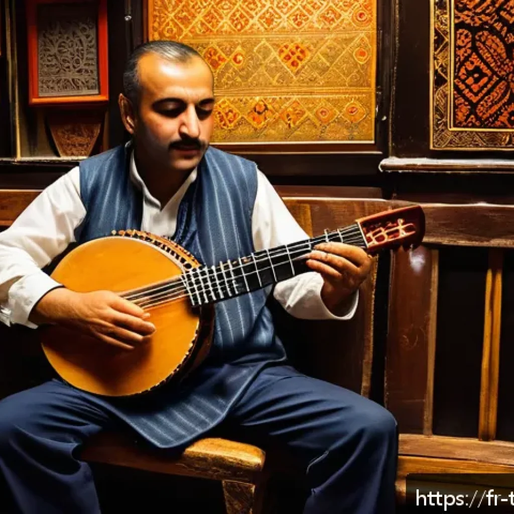 튀르키예 전통 악기 소개 - A skilled musician playing a traditional Turkish saz (bağlama) in a cozy Istanbul tavern setting, wi...