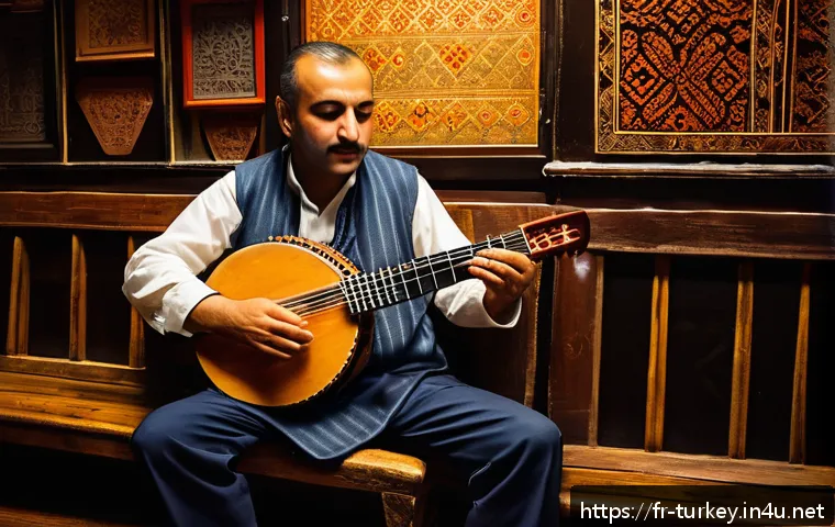 튀르키예 전통 악기 소개 - A skilled musician playing a traditional Turkish saz (bağlama) in a cozy Istanbul tavern setting, wi...