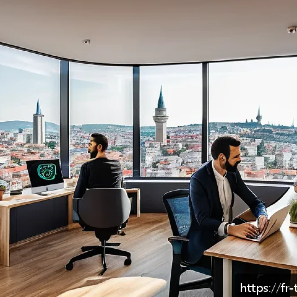 튀르키예의 경제적 혁신 사례 - A vibrant modern Turkish tech startup hub interior, bustling with young diverse entrepreneurs collab...