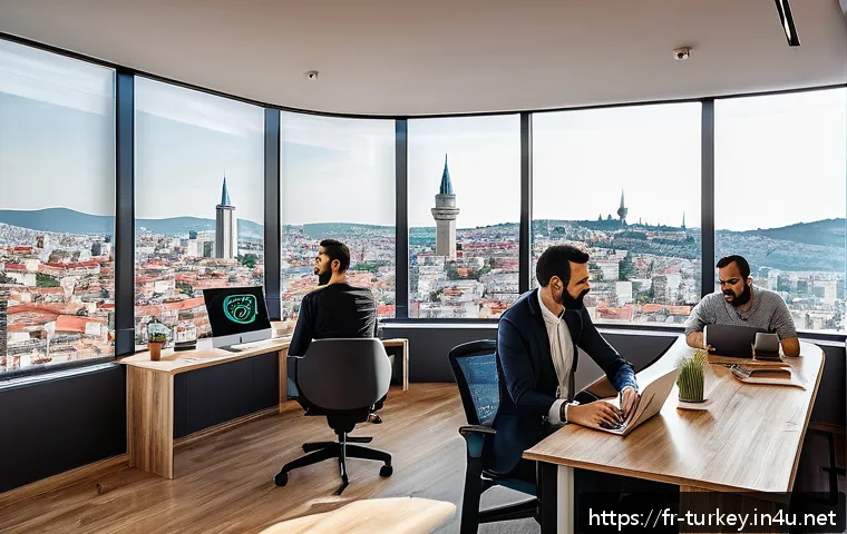 튀르키예의 경제적 혁신 사례 - A vibrant modern Turkish tech startup hub interior, bustling with young diverse entrepreneurs collab...