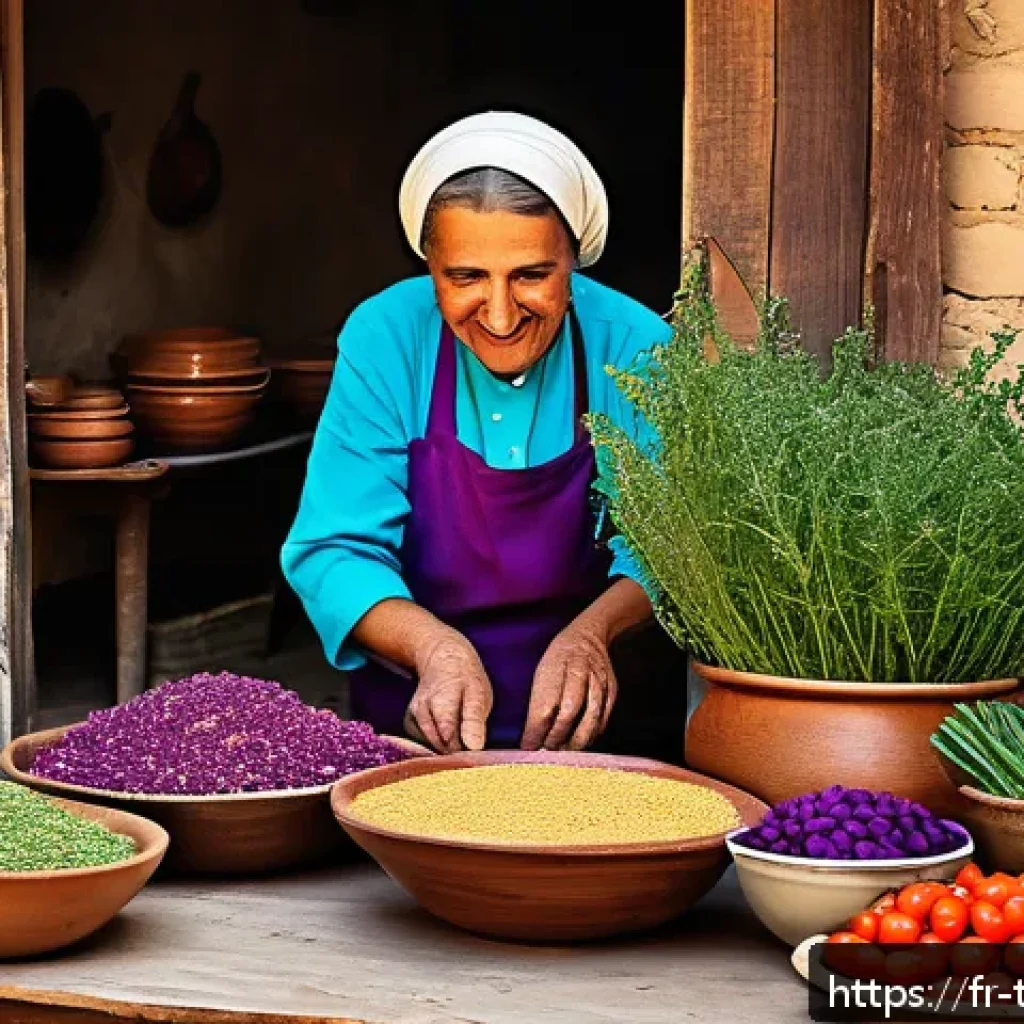튀르키예 지역별 특색 있는 음식들 - A rustic Anatolian village kitchen scene showcasing a traditional dish of cracked wheat with local v...