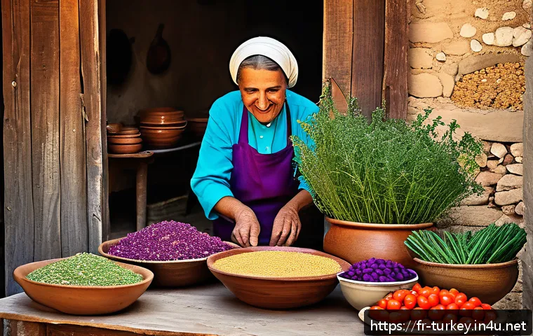 튀르키예 지역별 특색 있는 음식들 - A rustic Anatolian village kitchen scene showcasing a traditional dish of cracked wheat with local v...