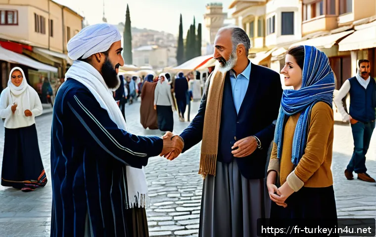 튀르키예의 문화적 금기 사항 - A respectful Turkish street scene showing a diverse group of people dressed modestly according to tr...