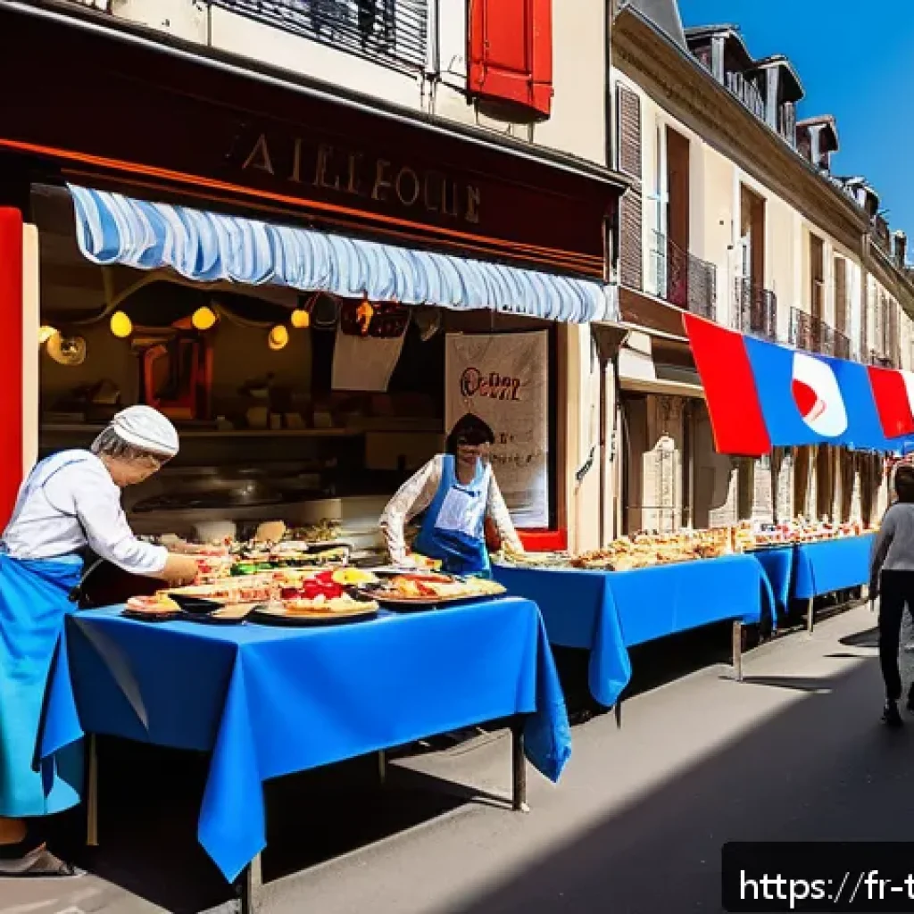 튀르키예 독립기념일과 주요 행사 - A vibrant street scene in a French neighborhood days before a national holiday celebration, with loc...