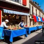 튀르키예 독립기념일과 주요 행사 - A vibrant street scene in a French neighborhood days before a national holiday celebration, with loc...