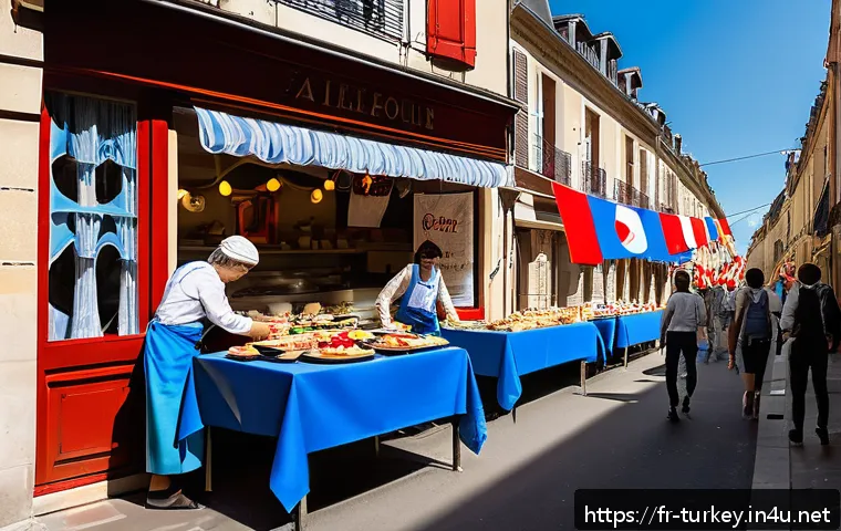 튀르키예 독립기념일과 주요 행사 - A vibrant street scene in a French neighborhood days before a national holiday celebration, with loc...