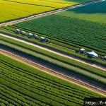 튀르키예 농업 기술의 혁신 - A modern Turkish farm in Anatolia during a sunny day, showcasing a fleet of drones equipped with mul...
