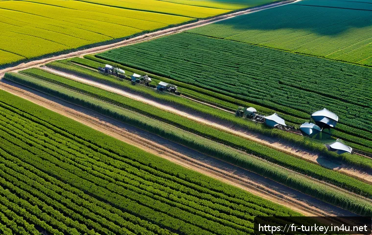 튀르키예 농업 기술의 혁신 - A modern Turkish farm in Anatolia during a sunny day, showcasing a fleet of drones equipped with mul...