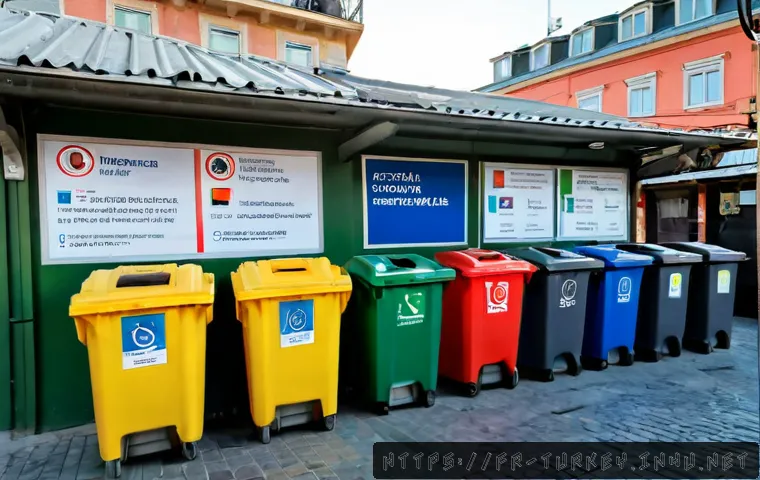 Home 17 튀르키예의 재활용 및 친환경 정책 - Photorealistic urban recycling scene in Istanbul, Türkiye: a clean public sorting station with clear...